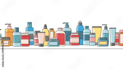 Horizontal line of diverse cosmetic product containers including pump bottles, tubes, and jars in various colors on a white shelf for retail.