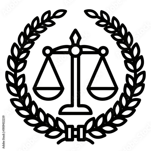 A black and white emblem featuring scales of justice encircled by a laurel wreath
