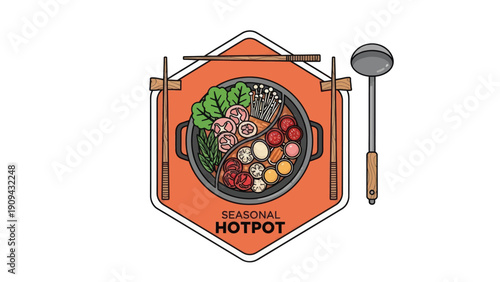 Colorful illustration of a hotpot with ingredients. Chopsticks and ladle present. Text reads "Seasonal Hotpot