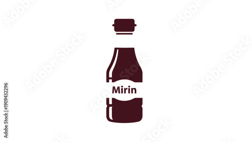 A stylized illustration features a bottle of "Mirin" in dark burgundy against a stark white backdrop