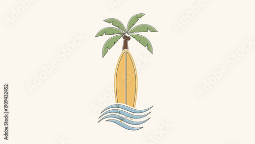 Minimalist illustration of a surfboard in the water, under a palm tree