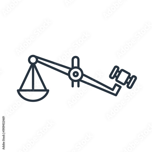 A line-art depiction of the scales of justice with a gavel