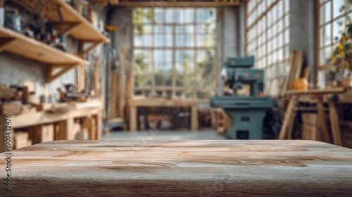 A wooden table in a workshop with various tools and equipment.