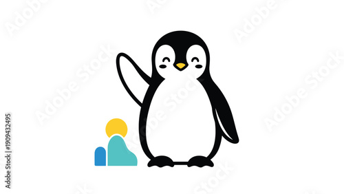 Friendly cartoon penguin character waving its wing with a happy smiling face next to small blue and yellow ice shapes on white background.