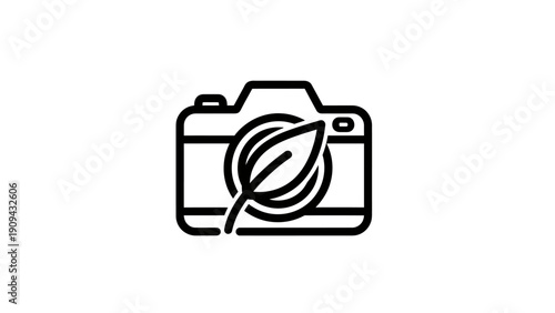 A minimalist icon of a camera with a leaf. Inside the lens is a simple leaf design