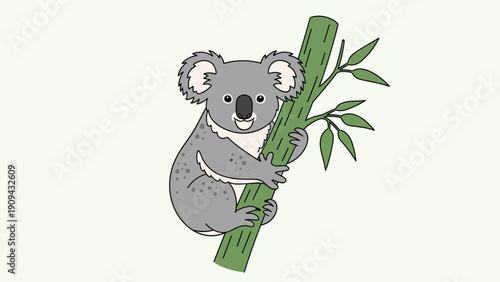 Adorable gray koala bear clinging to a green eucalyptus branch with leaves against a soft light green background for nature education.