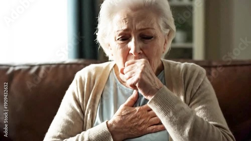 Elderly woman suffering from persistent cough symptoms indoors while sitting on a couch experiencing respiratory distress and needing medical attention for sickness.