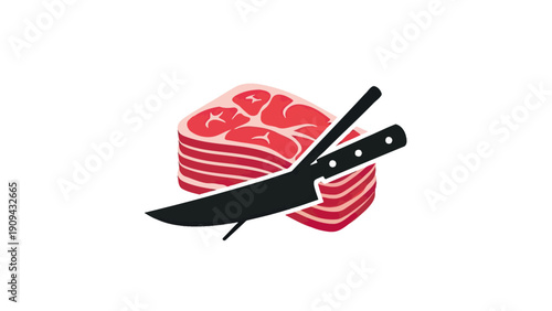 A stylized illustration featuring a block of raw meat and a black knife