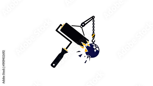 Abstract image of a paint roller breaking a wrecking ball; minimalist design on white
