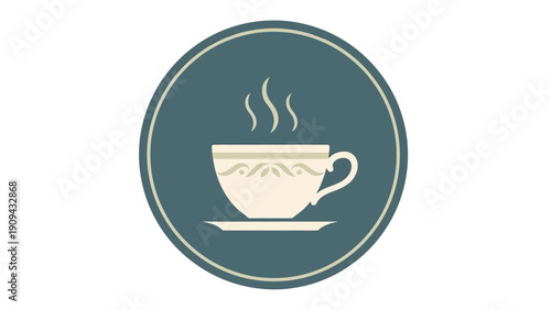 Illustration of a teacup with steam in a circular frame, featuring a beige and teal color palette