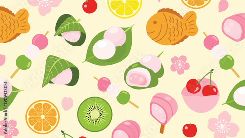 Colorful seamless pattern featuring various Japanese snacks like dango, mochi, and taiyaki mixed with fresh fruits and cherry blossoms.