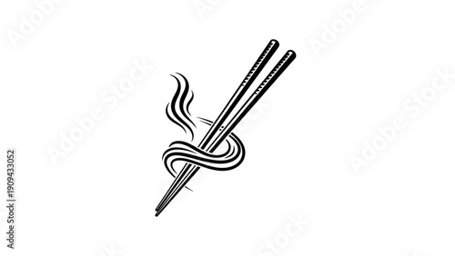 Simple black and white illustration of chopsticks holding noodles with steam
