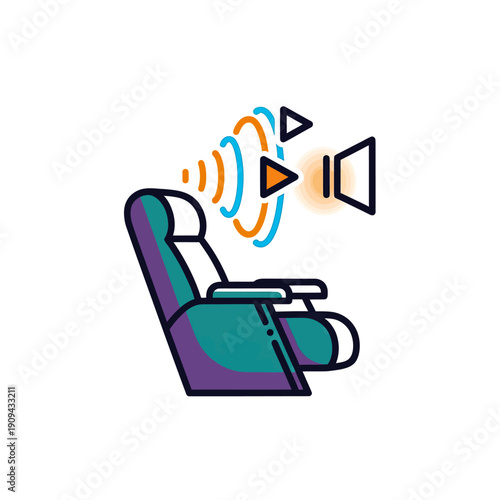 Illustration depicts a chair with sound waves and speaker visuals, hinting at entertainment
