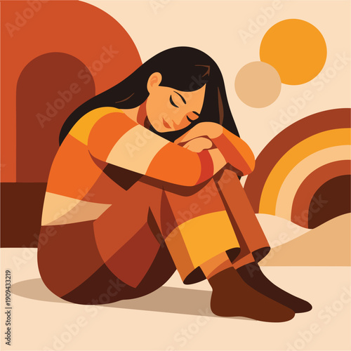 Abstract flat vector illustration of a woman sitting with knees hugged, expressing introspection and emotional mood.