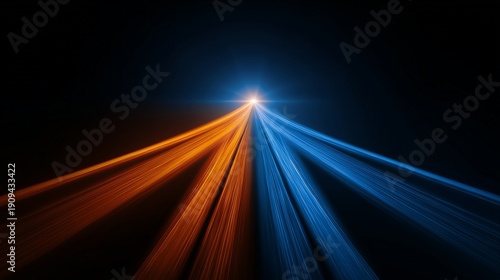 Abstract beams of blue and orange light converging toward a bright point, representing business digital transformation, technology convergence and strategic alignment.
