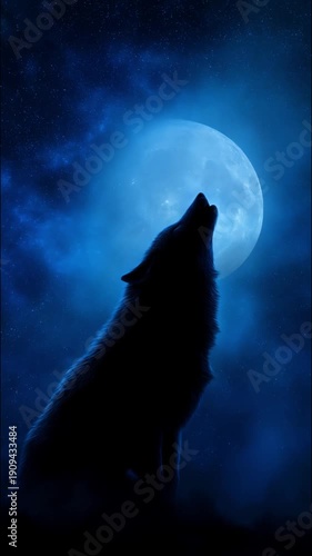 Wolf howling at the full moon in the night sky, a mystical creature of the wild