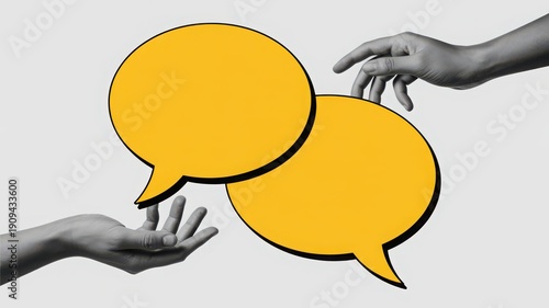 Hands holding speech bubbles symbolizing communication and dialogue.