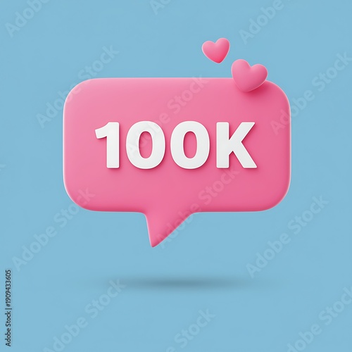 Social media milestone 100k followers pink speech bubble with hearts on blue background