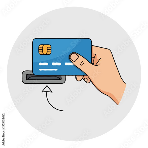 A hand inserting a blue credit card into a payment terminal Ilustração vetorial