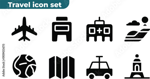 Collection of professional hotel, transport, and global travel icons.