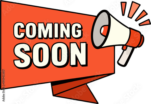 Coming Soon Announcement Banner with Megaphone – New Product Launch Promo, Marketing Notification Flat Cartoon Illustration