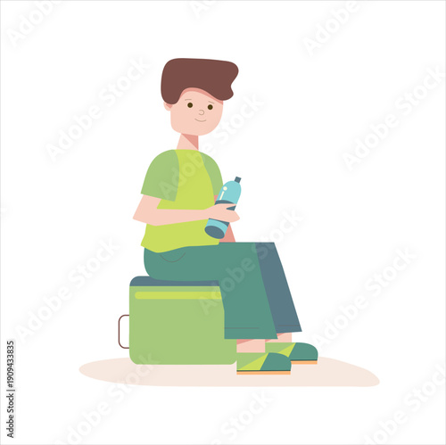 Flat vector illustration of a kid sitting on a suitcase. Cartoon child character isolated on white background. Waiting for travel concept.