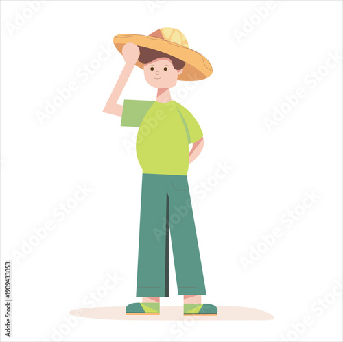 Flat vector illustration of a kid wearing a straw hat. Cartoon child character isolated on white background. Summer vacation concept.