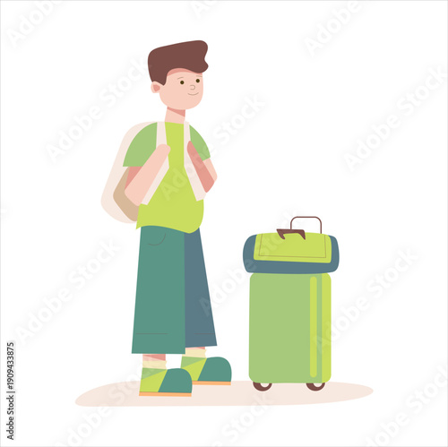Flat vector illustration of a kid traveler character. Cartoon child isolated on white background. Travel and tourism concept.