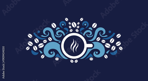 Coffee Cup and Beans Swirl Decoration Logo on Navy Blue Background