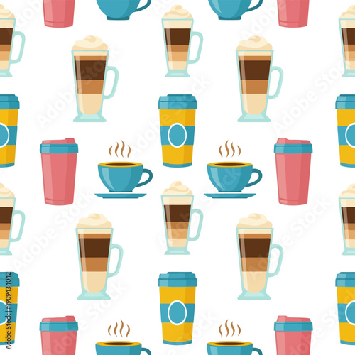 Colorful seamless pattern of different coffee cups and hot beverages