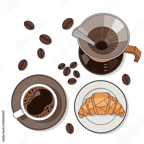 Pour-over coffee cup, dripper, croissant, and scattered beans illustration.