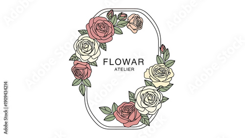 A floral design featuring pastel roses, leaves, and a geometric frame. Text reads "FLOWER ATELIER