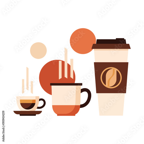 Collection of coffee drinks: espresso cup, latte mug, and takeaway cup