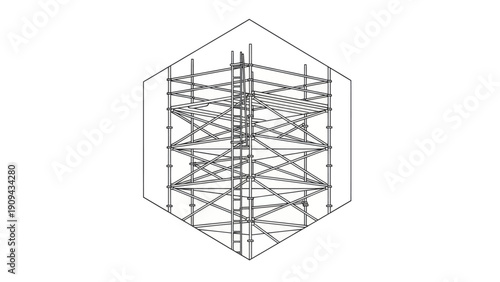 Line drawing of scaffolding within a hexagon outline, construction site