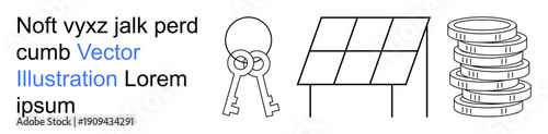 Renewable energy, financial planning, clean technology, wealth management, security, and savings. Illustration of keys, a solar panel and stacked coins. Renewable energy and financial planning
