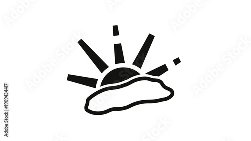 A black and white graphic depicting a sun emerging from a cloud. Rays burst from above