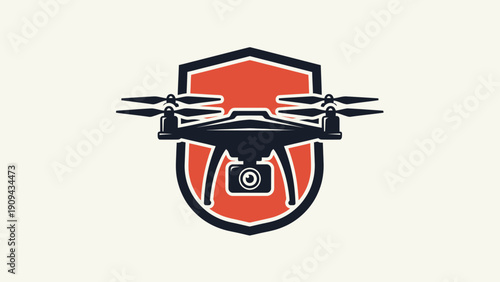 A drone in flight, centered, within a shield shape, with a camera and rotors