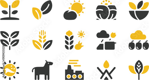 Sustainable agriculture and organic farming dual tone icon set.