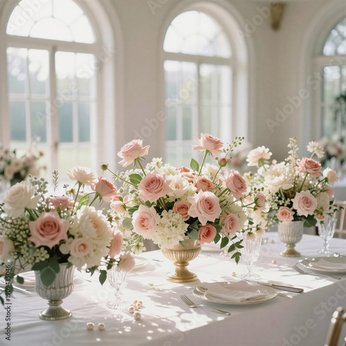 Elegant wedding table floral arrangement with fresh flowers in centerpieces