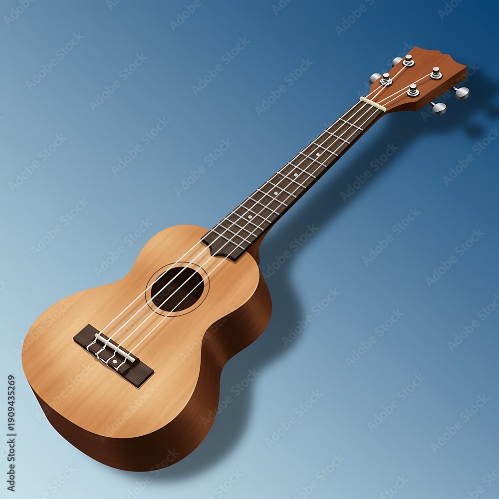 Fototapeta premium Ukulele on blue background musical instrument stringed acoustic wood music hobby leisure entertainment guitar small four strings