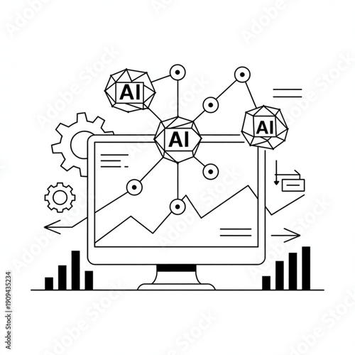Monochromatic AI Network Processing Data on Monitor Screen with Gears and Bar Charts Line Art