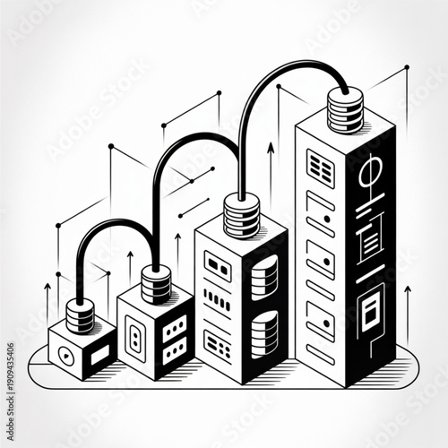 Monochrome isometric data server architecture with interconnected storage units, disk stacks, and upward arrows.