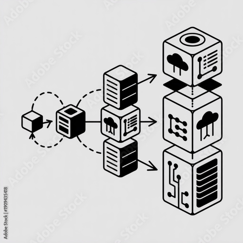 Isometric black and white diagram showing data flow with interconnected cubes and technology icons.