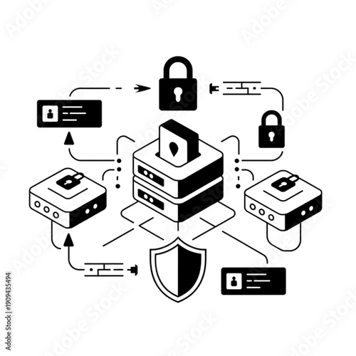 Isometric black and white illustration of a secure data network with servers, user IDs, locks, and a shield.
