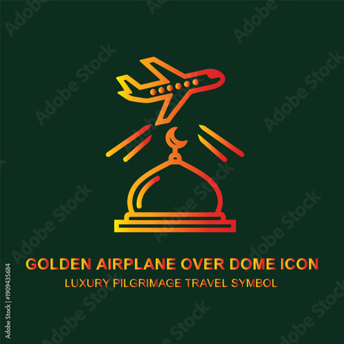 Golden airplane flying over mosque dome