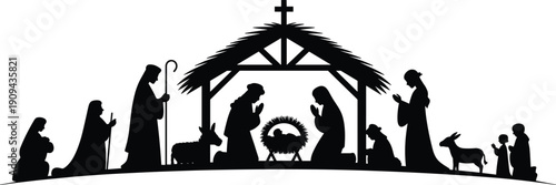 Traditional Christmas nativity silhouette with Holy Family, baby Jesus in manger, shepherds, animals and stable under cross