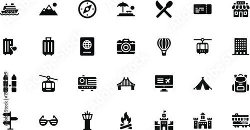 Print Travel and Tourism glyph icon set for vacation planning.