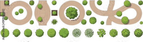 Top view wooden pathway and circular deck with trees bushes, landscape design park map elements vector set