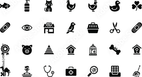 Print Minimalist Pet Care, Travel, and Business Icon Set, Vector Symbols Bundle