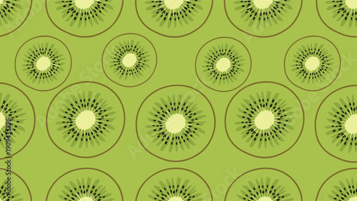 Seamless repeating pattern of vibrant green kiwi fruit slices with black seeds and light center on a matching green backdrop.